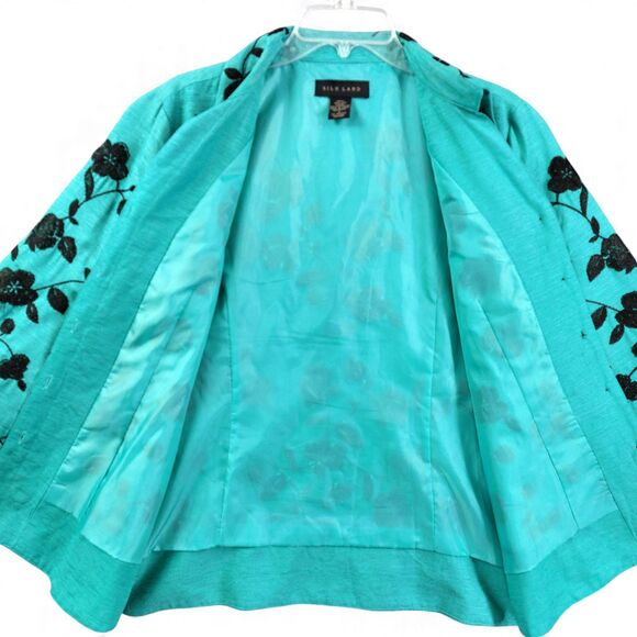 Silkland Embroidered Jacket Large Teal Green 100% Silk Floral Blazer Belted - Picture 7 of 10